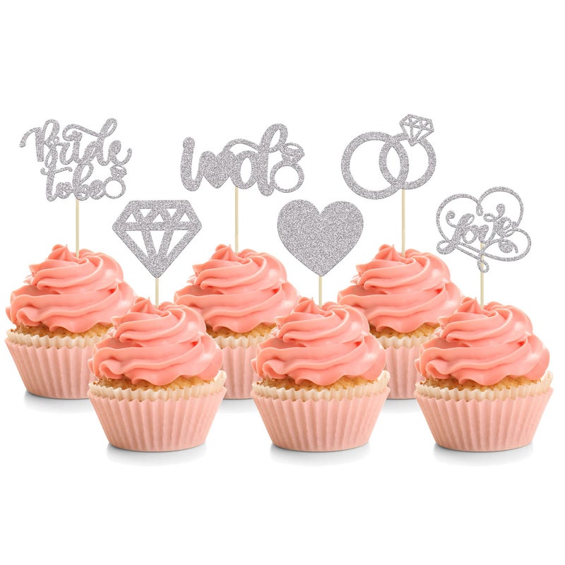 Ephlyn 24Pcs Bride To Be Cupcake Toppers Silver Glitter Love I Do Cake Decorations Heart Ring Diamond Cupcake Picks Wedding Engagement Bridal Shower Party Cake Decorations Supplies  - Image 1