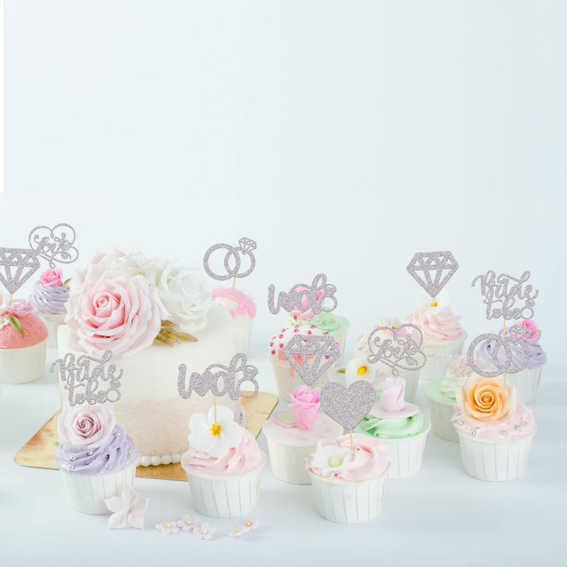 Ephlyn 24Pcs Bride To Be Cupcake Toppers Silver Glitter Love I Do Cake Decorations Heart Ring Diamond Cupcake Picks Wedding Engagement Bridal Shower Party Cake Decorations Supplies  - Image 5