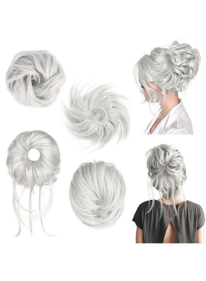 HOOJIH Messy Bun Hair Pieces 4 Pieces Messy Bun Straight Bun Hair Pieces For Women Wavy Tousled Updo Short Ponytail Hair Extensions Hair Scrunchies Large Bun With Elastic Band Silver Gray - Image 2