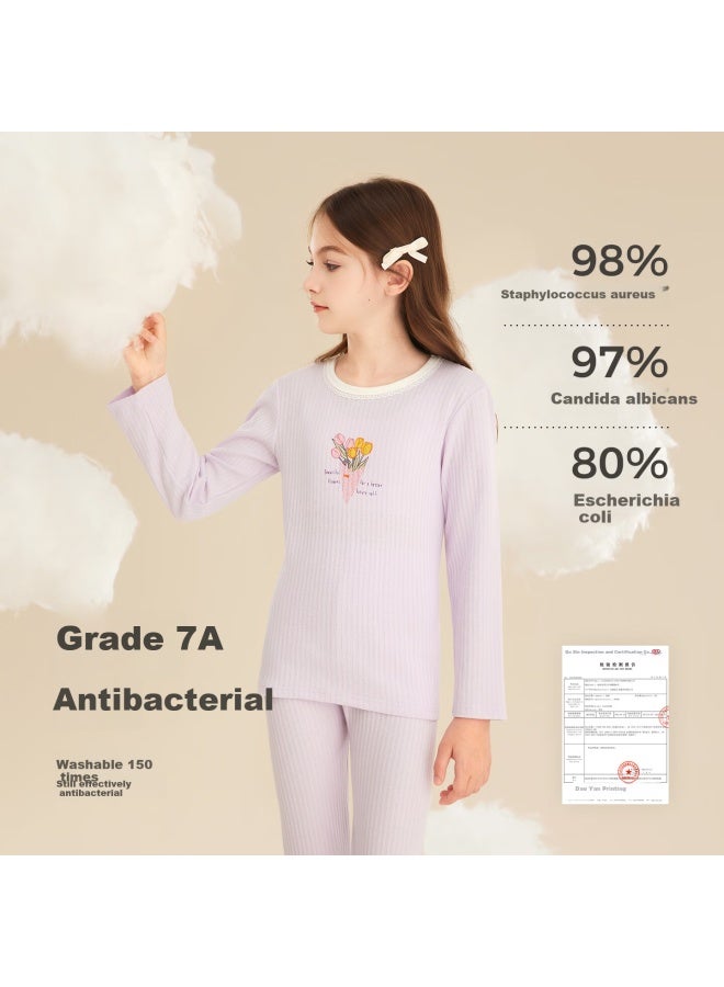Deesha Girls' 7a Antibacterial 40s Tight-spun Cotton Lace Collar Thermal Underwear Set For Older Children (top And Bottom)
