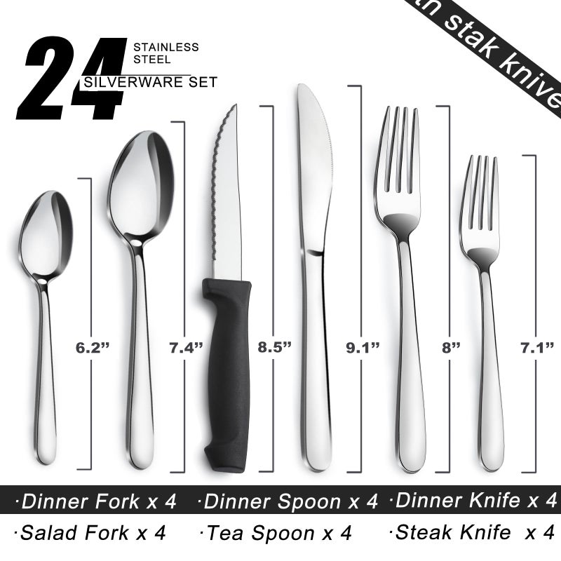 Pleafind 24-Piece Silverware Set - Stainless Steel Flatware with Steak Knives, Forks, Spoons, Knives - Dishwasher Safe for Home or Restaurant - Image 2
