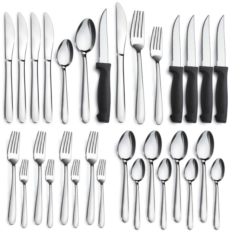 Pleafind 24-Piece Silverware Set - Stainless Steel Flatware with Steak Knives, Forks, Spoons, Knives - Dishwasher Safe for Home or Restaurant - Image 1