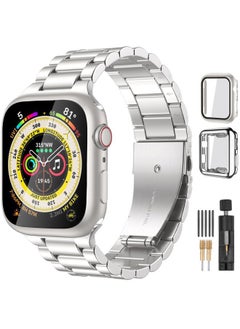 Compatible for Apple Watch Band 38mm 41mm 40mm 44mm 42mm 45mm,Stainless Steel Metal Bands for Apple with 2 Pack Protective Cases for iWatch Series 9 8 7 6 5 4 3-1 SE SE2 Ultra Ultra2 Men Women