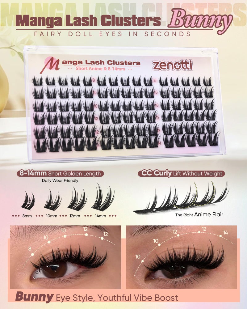 zenotti Manga Lash Clusters Anime Eyelash Clusters Wispy Cluster Eyelash Extensions Natural Bunny Fairy Individual Lashes Short 8-14MM CC-Curly Wet Look Lashes Extensions by zenotti - Image 3