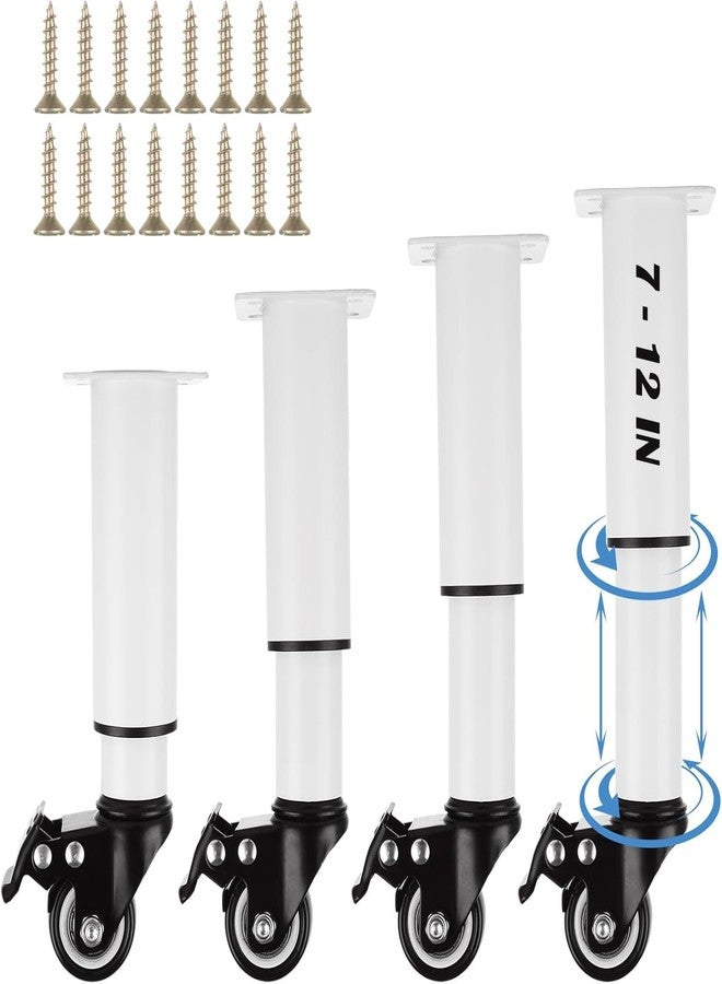 LOPYXBR Set of 4 Metal Adjustable Furniture Legs with Wheels 7-12 Inch White Adjustable Table Legs with Casters Heavy Duty Bed Support with Brake Table Legs with Wheels for Cabinet Sofa Bed, 440LBS - Image 1