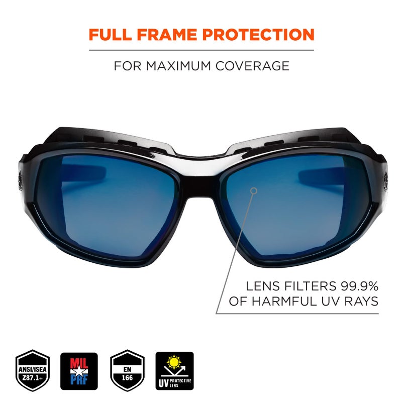 Ergodyne Skullerz Loki Convertible Safety Sunglasses, Blue Mirror Lens-Includes Gasket and Strap to Convert to Goggle,Blue Mirror Lens, Black Frame - Image 2