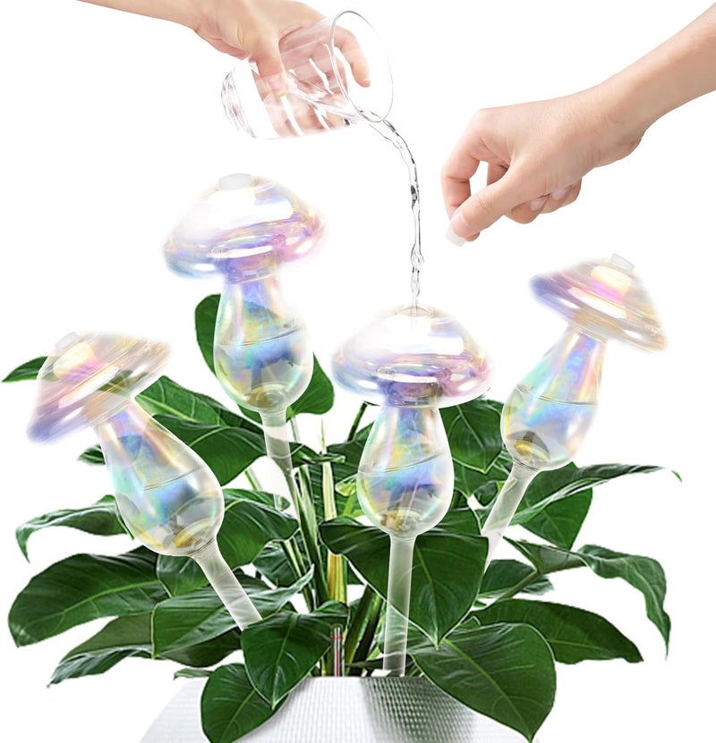 JFLLAJNF Plant Watering Globes-4pcs,Self Watering Planter Insert,Plant Watering Devices,Glass Watering Bulbs for for Indoor Plants,Mushroom Watering Globes,Top-Fill Watering - Image 1