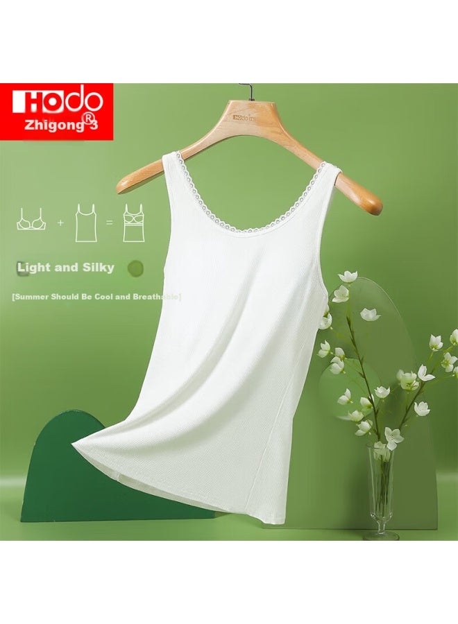 Hongdou Women's Summer Vest With Chest Pad Modal Lightweight Smooth Lace Versatile Base Shirt Elegant White 175 - Image 1