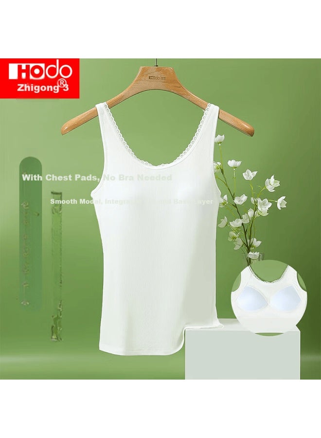 Hongdou Women's Summer Vest With Chest Pad Modal Lightweight Smooth Lace Versatile Base Shirt Elegant White 175 - Image 2