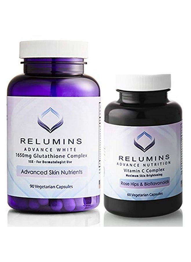 RELUMINS - Advanced White Set - 1650Mg Glutathione Complex (90 Capsules) And Advanced Vitamin C With Rose Hips And Bioflavonoids (60 Capsules) Bundle - Image 1