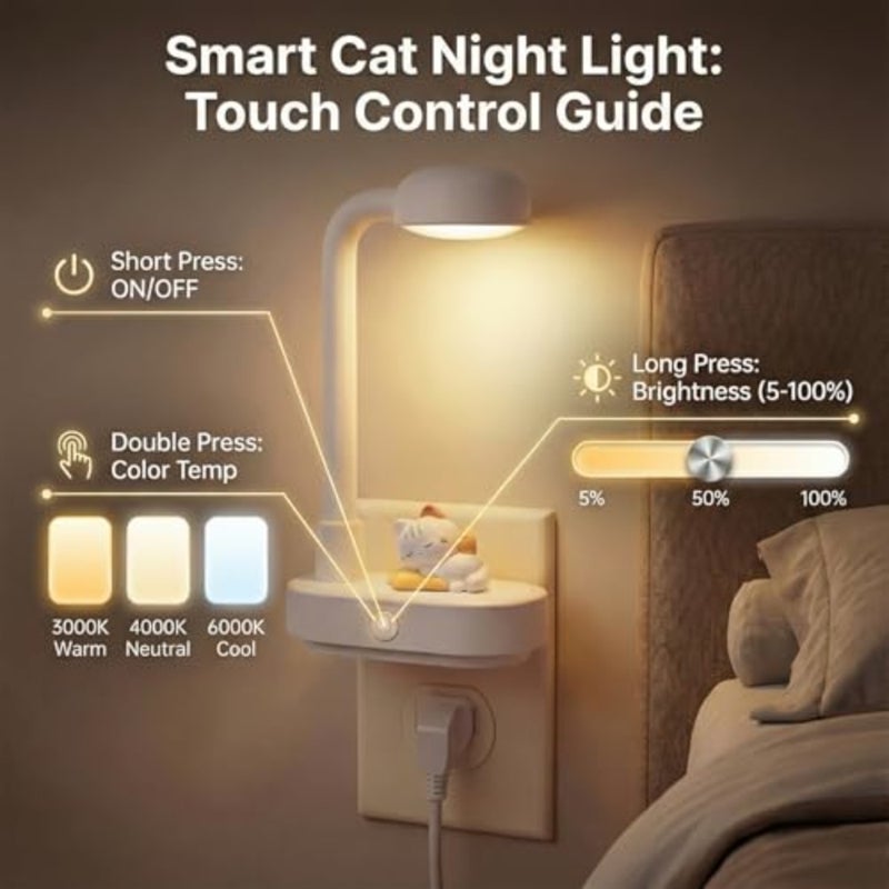 Decorative Night Lights Plug into Wall, Cute Cartoon Cat Night Light with On/Off Switch, 3-Color Dimmable Brightness, Home Decor Birthday Gift for,Ideal for Bedroom, Bathroom, Kitchen, Hallway - Image 4