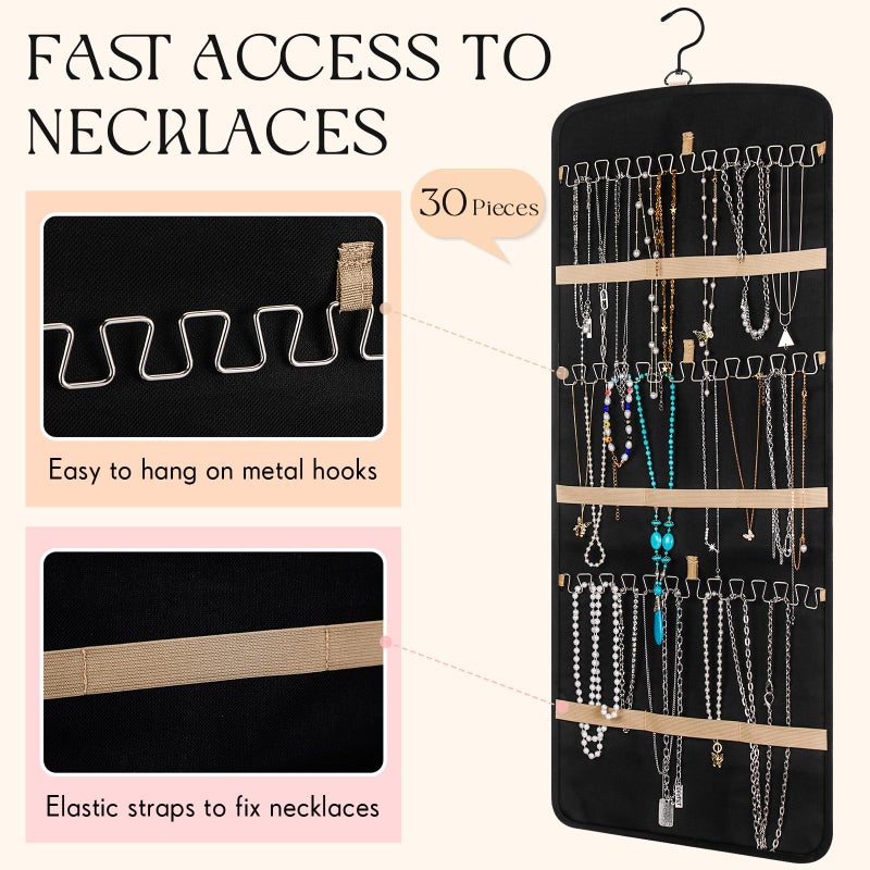 Vincreem 2 Pack Hanging Jewelry Organizer Storage with 39 Pockets, 30 Necklace Hooks Double Sided Wall Mount Earring Holder Organizer Bracelet Necklace Jewelry Display Hanger for Closet Door(Black) - Image 5