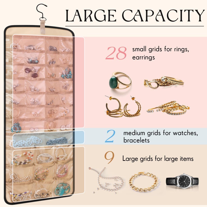 Vincreem 2 Pack Hanging Jewelry Organizer Storage with 39 Pockets, 30 Necklace Hooks Double Sided Wall Mount Earring Holder Organizer Bracelet Necklace Jewelry Display Hanger for Closet Door(Black) - Image 4