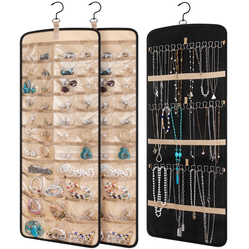 Vincreem 2 Pack Hanging Jewelry Organizer Storage with 39 Pockets, 30 Necklace Hooks Double Sided Wall Mount Earring Holder Organizer Bracelet Necklace Jewelry Display Hanger for Closet Door(Black) - Image 1