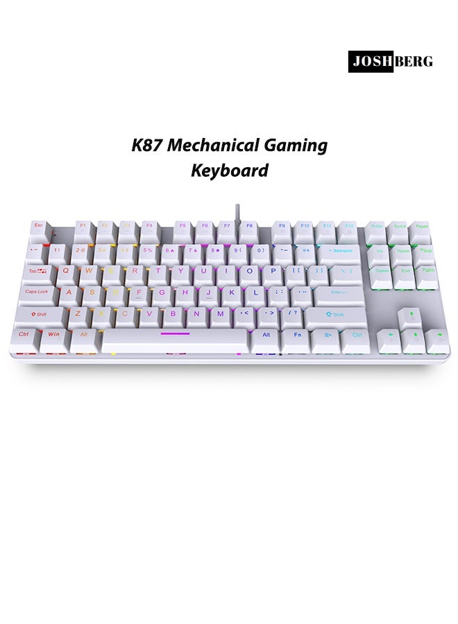 Joshberg 87-Key Mechanical Gaming Keyboard with RGB Lighting – Blue Switches, 16 Backlight Effects, Anti-Ghosting, Splash-Proof, Compact Design-White - Image 3