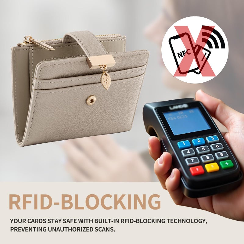 Pomelo Best Small Wallet Women Bifold Leather RFID Mini Wallets for Women Credit Card Holder with ID Window Zipper Coin Pocket Taupe - Image 5