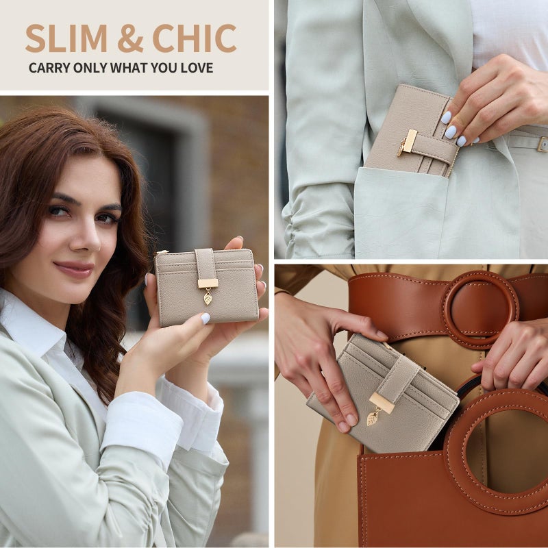 Pomelo Best Small Wallet Women Bifold Leather RFID Mini Wallets for Women Credit Card Holder with ID Window Zipper Coin Pocket Taupe - Image 3