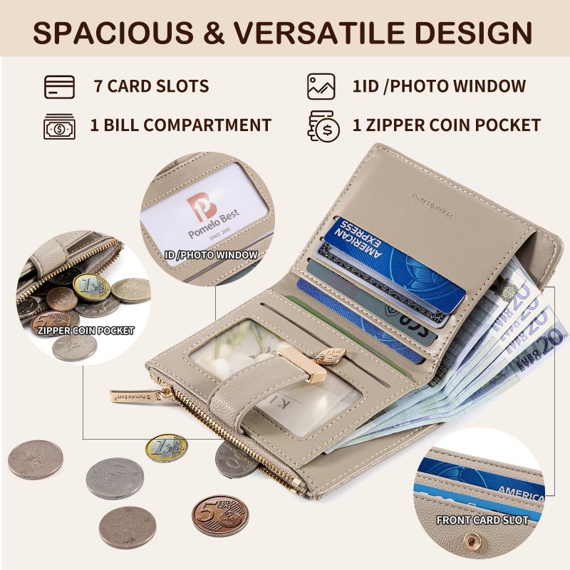 Pomelo Best Small Wallet Women Bifold Leather RFID Mini Wallets for Women Credit Card Holder with ID Window Zipper Coin Pocket Taupe - Image 4