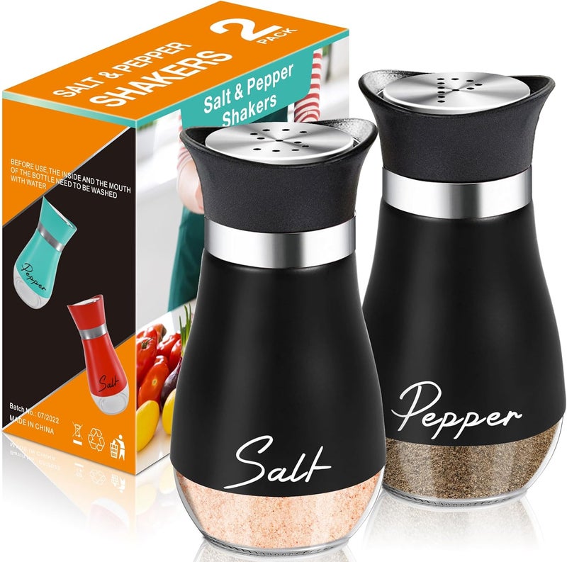 Arrozon Salt and Pepper Shakers Set,4 oz Glass Bottom Salt Pepper Shaker with Stainless Steel Lid for Kitchen Gadgets Cooking Table, RV, Camp,BBQ Refillable Design (Black) - Image 1