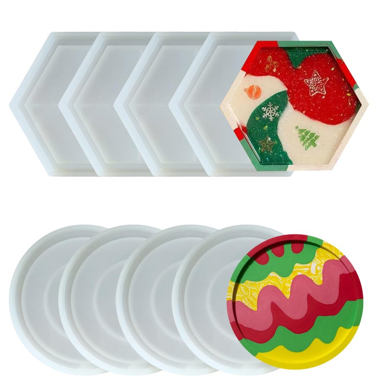 Midnadiy 8 Pcs Coaster Resin Molds - Durable Silicone Coaster Molds For Epoxy Resin  Round Hexagon Jewelry Tray Mold For Diy Trinket Tray  Casting Crafts  Home Decorations  Gifts - Image 1