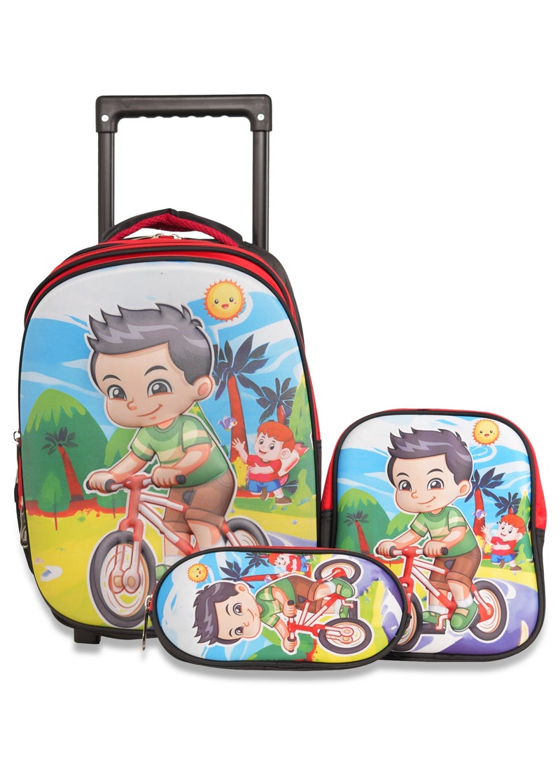 KTMC 3D Cartoon Cars Triple Backpack Set, Pen Bag, Lunch Bag, School Trolley Bag for Boys- Black & Red 9905