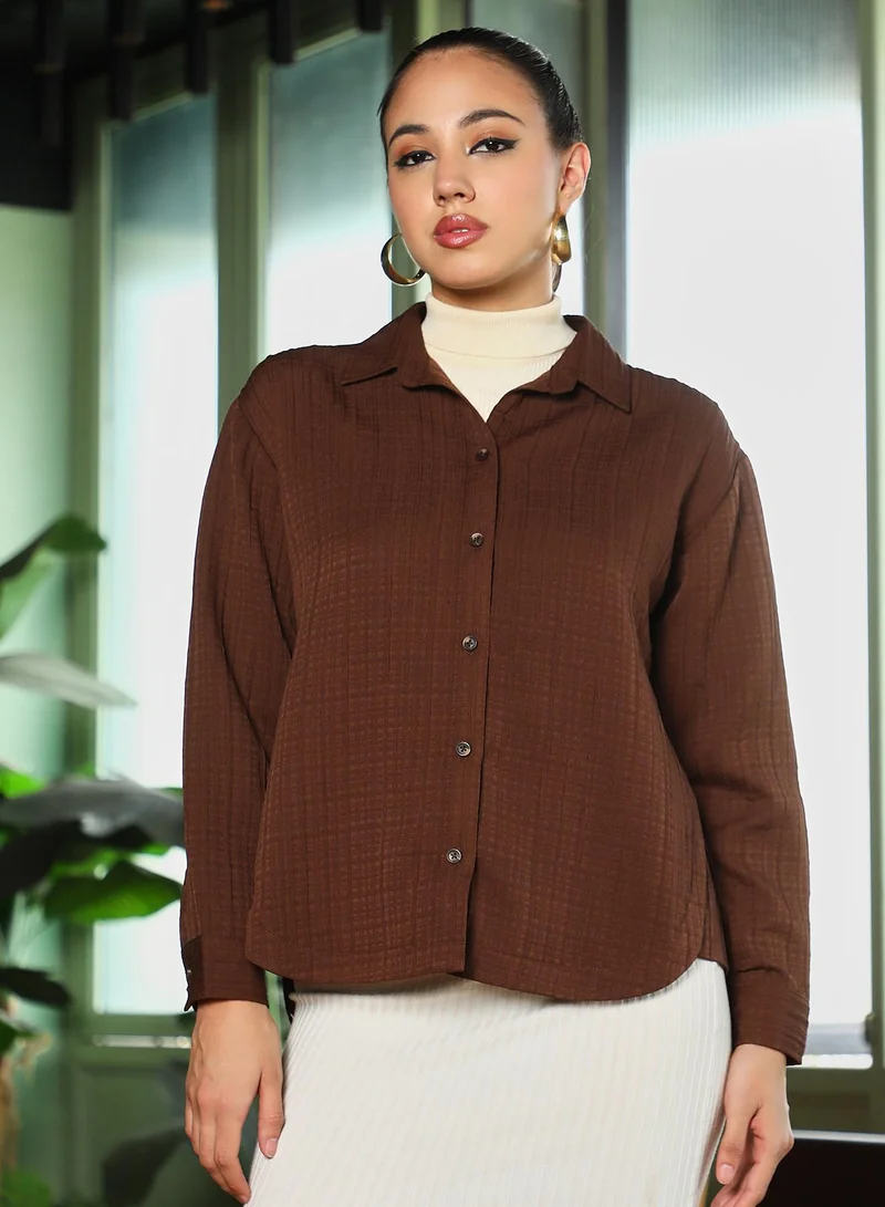 بينيا كولادا Women's Chocolate Brown Tartan-Tactile Curved Shirt
