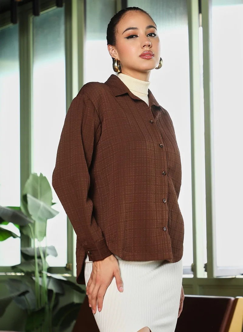 Pinacolada  Women's Chocolate Brown Tartan-Tactile Curved Shirt for Women | Best Price UAE