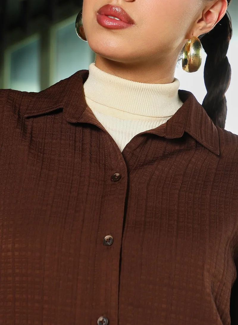 Pinacolada  Women's Chocolate Brown Tartan-Tactile Curved Shirt for Women | Best Price UAE