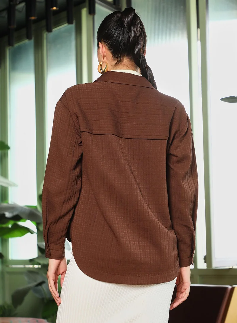 Pinacolada  Women's Chocolate Brown Tartan-Tactile Curved Shirt for Women | Best Price UAE