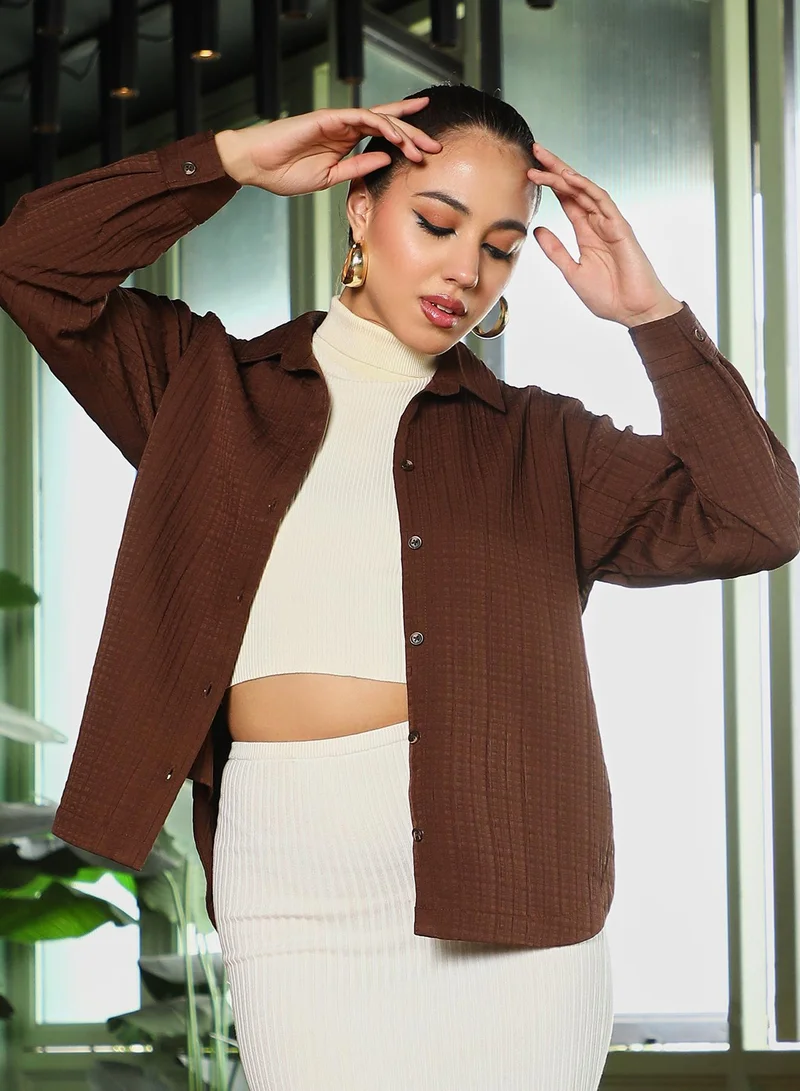 Women's Chocolate Brown Tartan-Tactile Curved Shirt
