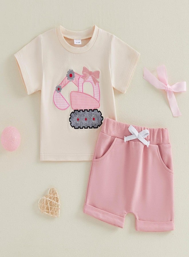 FOCUSNORM Toddler Baby Girl Summer Clothes Excavator Embroidery Short Sleeve T-Shirt Tops Shorts Set Cute Infant 2pcs Outfits (Excavator Apricot, 2-3T) - Image 5