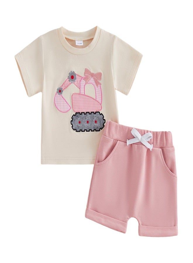 FOCUSNORM Toddler Baby Girl Summer Clothes Excavator Embroidery Short Sleeve T-Shirt Tops Shorts Set Cute Infant 2pcs Outfits (Excavator Apricot, 2-3T) - Image 1
