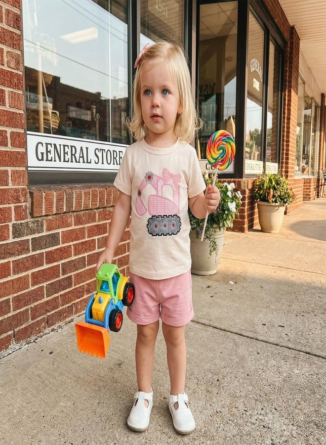 FOCUSNORM Toddler Baby Girl Summer Clothes Excavator Embroidery Short Sleeve T-Shirt Tops Shorts Set Cute Infant 2pcs Outfits (Excavator Apricot, 2-3T) - Image 3