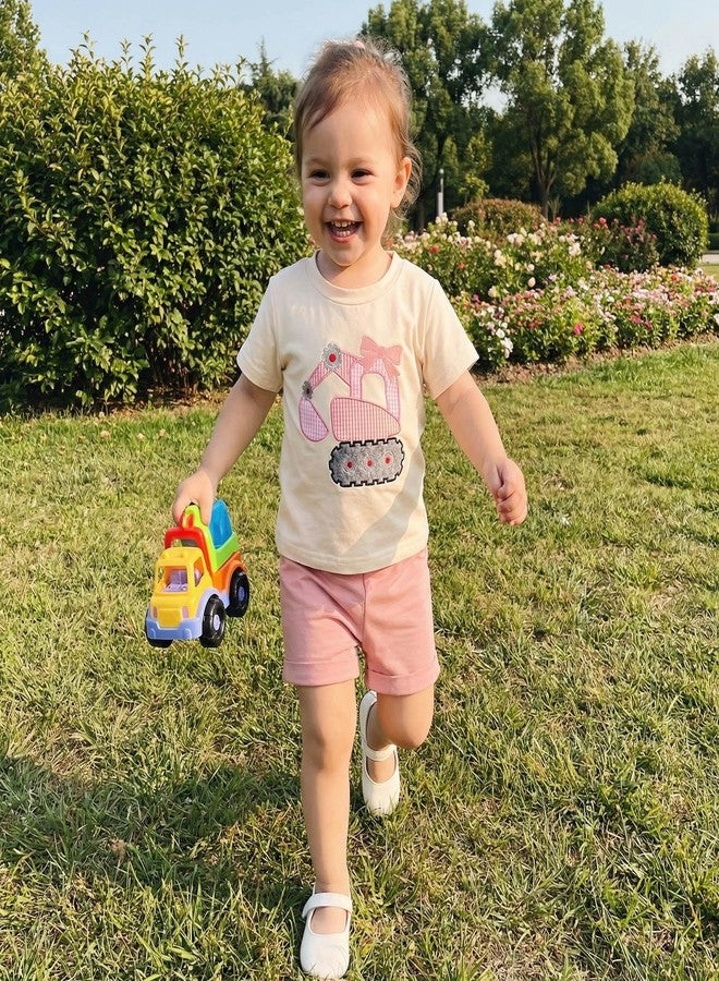 FOCUSNORM Toddler Baby Girl Summer Clothes Excavator Embroidery Short Sleeve T-Shirt Tops Shorts Set Cute Infant 2pcs Outfits (Excavator Apricot, 2-3T) - Image 4