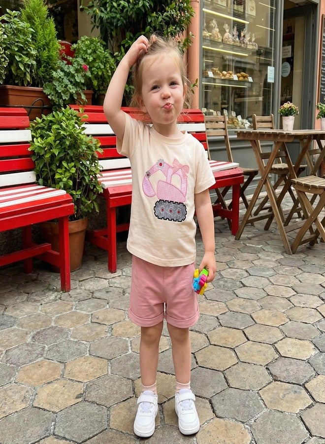 FOCUSNORM Toddler Baby Girl Summer Clothes Excavator Embroidery Short Sleeve T-Shirt Tops Shorts Set Cute Infant 2pcs Outfits (Excavator Apricot, 2-3T) - Image 2