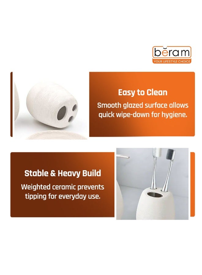 Beram Bathroom Accessory White Stripes Set 5 Piece Ceramic  Natural Textured Design with Soap Dispenser Toothbrush Holder Tumbler Multifunction Holder & Soap Dish (Brush Holder) - Image 4
