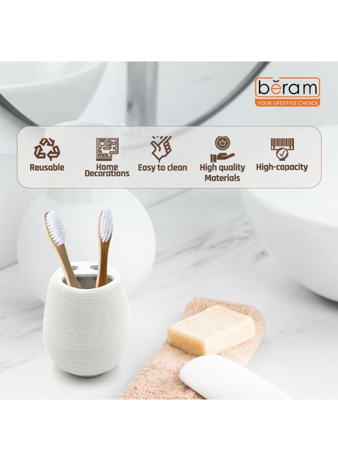 Beram Bathroom Accessory White Stripes Set 5 Piece Ceramic  Natural Textured Design with Soap Dispenser Toothbrush Holder Tumbler Multifunction Holder & Soap Dish (Brush Holder) - Image 2