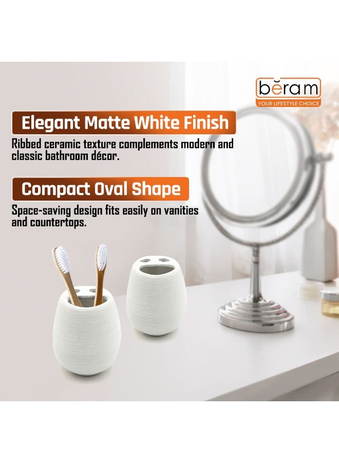 Beram Bathroom Accessory White Stripes Set 5 Piece Ceramic  Natural Textured Design with Soap Dispenser Toothbrush Holder Tumbler Multifunction Holder & Soap Dish (Brush Holder) - Image 3