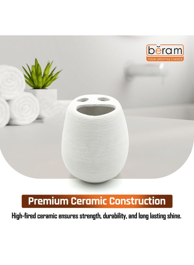Beram Bathroom Accessory White Stripes Set 5 Piece Ceramic  Natural Textured Design with Soap Dispenser Toothbrush Holder Tumbler Multifunction Holder & Soap Dish (Brush Holder) - Image 5
