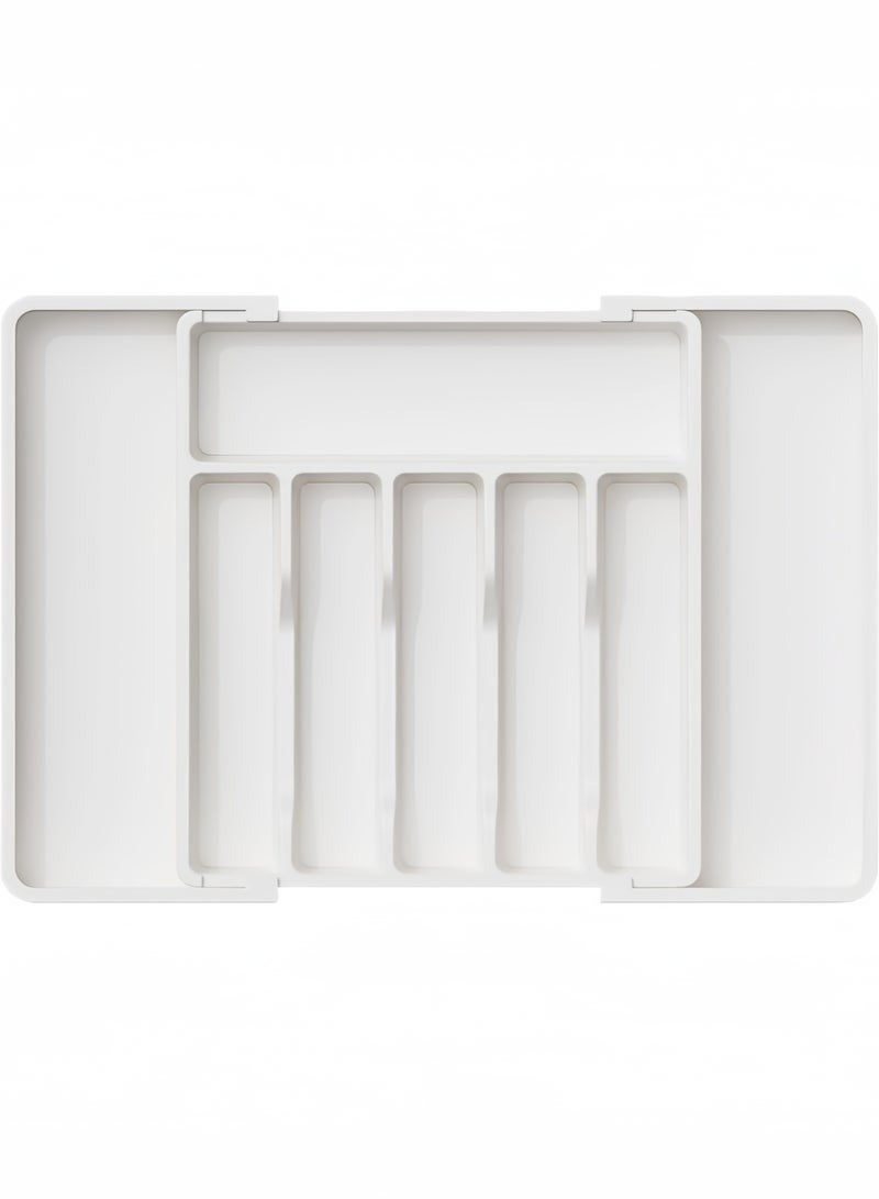 جولدن أروز منظم أدوات المائدة للأدراج، صينية أدوات مطبخ قابلة للتوسيع، حامل أدوات مائدة وشوك وسكاكين خالٍ من مادة BPA، منظم تخزين بلاستيكي قابل للتعديل للملاعق والشوك والسكاكين، كبير الحجم، يمكن تمديد الصينية لترتيب أدوات المائدة ويمكن طيها لتوفير المساحة، أبيض، 33-57*38*5 سم - Image 1