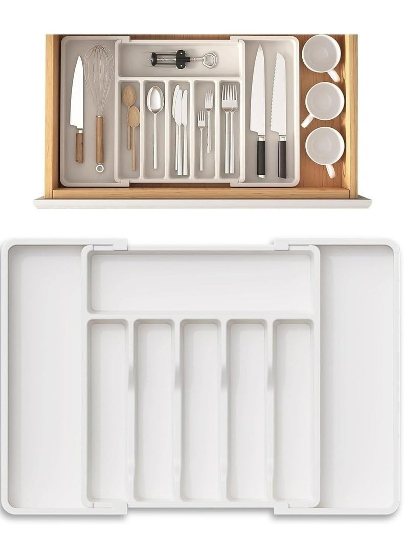 جولدن أروز منظم أدوات المائدة للأدراج، صينية أدوات مطبخ قابلة للتوسيع، حامل أدوات مائدة وشوك وسكاكين خالٍ من مادة BPA، منظم تخزين بلاستيكي قابل للتعديل للملاعق والشوك والسكاكين، كبير الحجم، يمكن تمديد الصينية لترتيب أدوات المائدة ويمكن طيها لتوفير المساحة، أبيض، 33-57*38*5 سم - Image 2