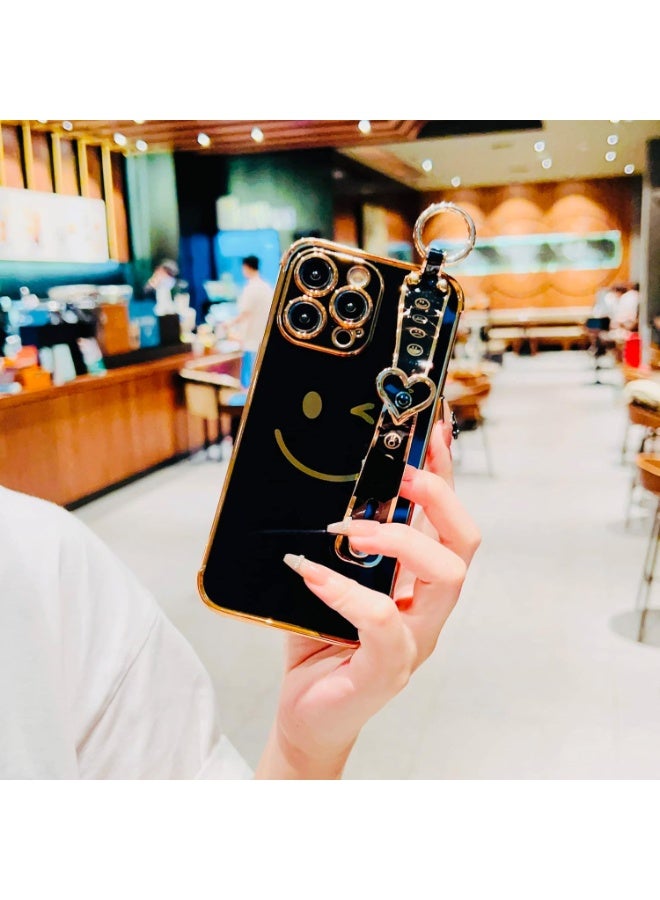 Q TRIPLE A Luxury & Beautiful Case for iPhone 13 Pro Max | Super Girly Design | Electroplated Smiley & Emoji | Protective & Soft Cover | with Adjustable Finger Strap & Kickstand | Anti-Fall Fashion Case for Women & Girls | Special or Party & Events | Color (Black) - Image 2