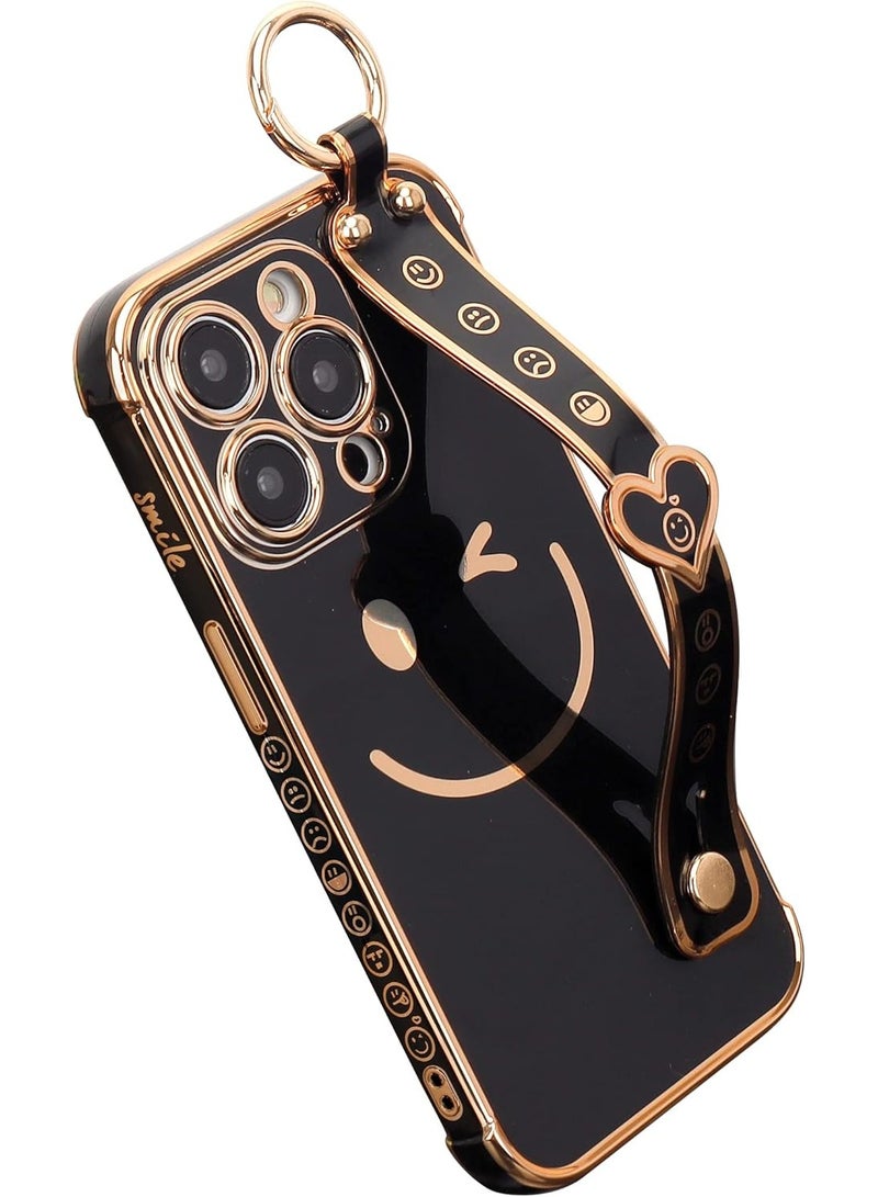 Q TRIPLE A Luxury & Beautiful Case for iPhone 13 Pro Max | Super Girly Design | Electroplated Smiley & Emoji | Protective & Soft Cover | with Adjustable Finger Strap & Kickstand | Anti-Fall Fashion Case for Women & Girls | Special or Party & Events | Color (Black) - Image 1