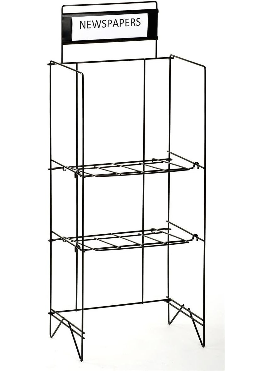 Displays2go Displays2go 46 H Wire Industrial Newspaper Stand with 2 Adjustable Shelves and 14 x 4 Nameplate  Black  - Image 2