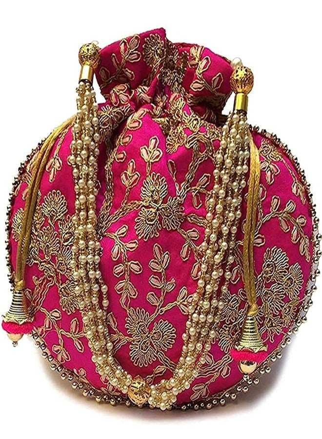SUMERA WARQ Potli Bags for Ladies for Wedding Parties Mirror Embellished Embroidered Bag for Women (Dark Pink)