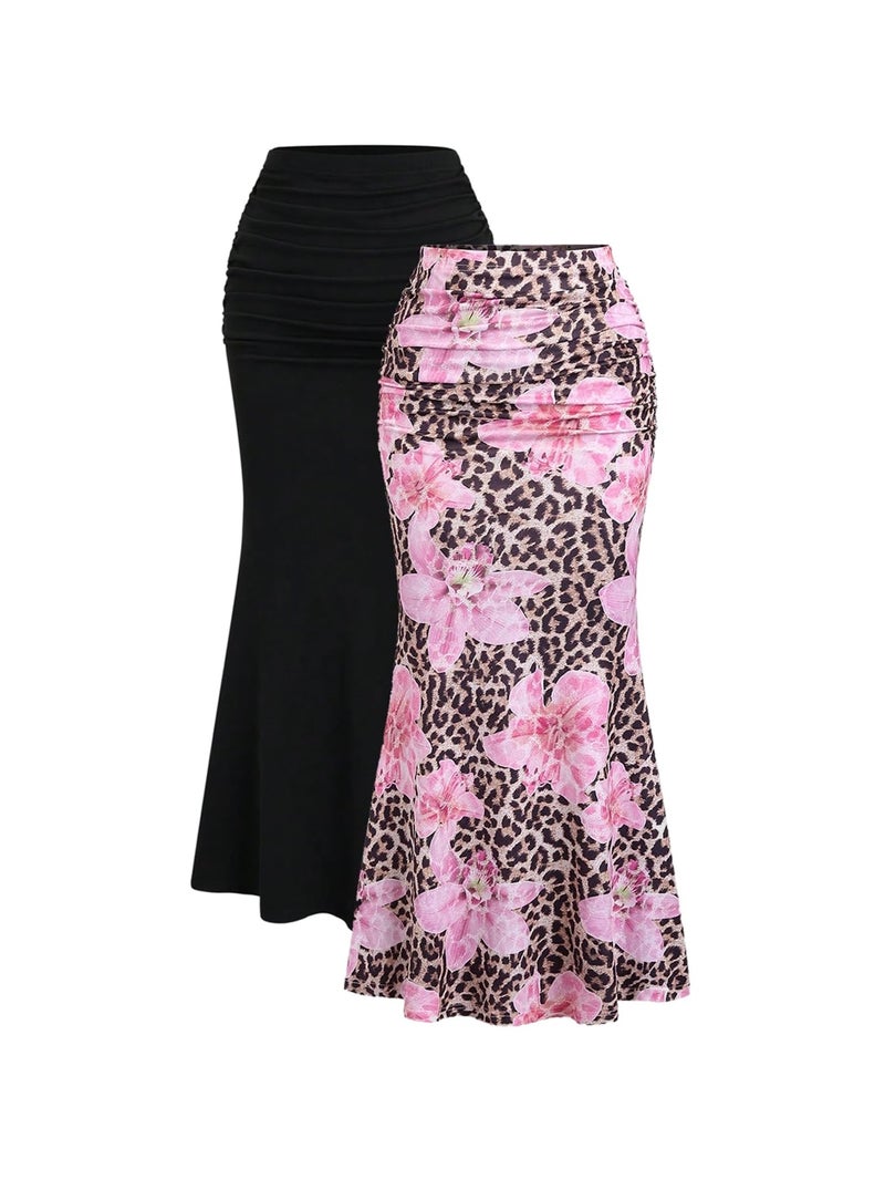BEAUDRM Women's 2 Pack Fishtail Skirt Elegant Floral Ruched Skinny Bodycon Ruffle Long Skirts Pink and Black Small - Image 1