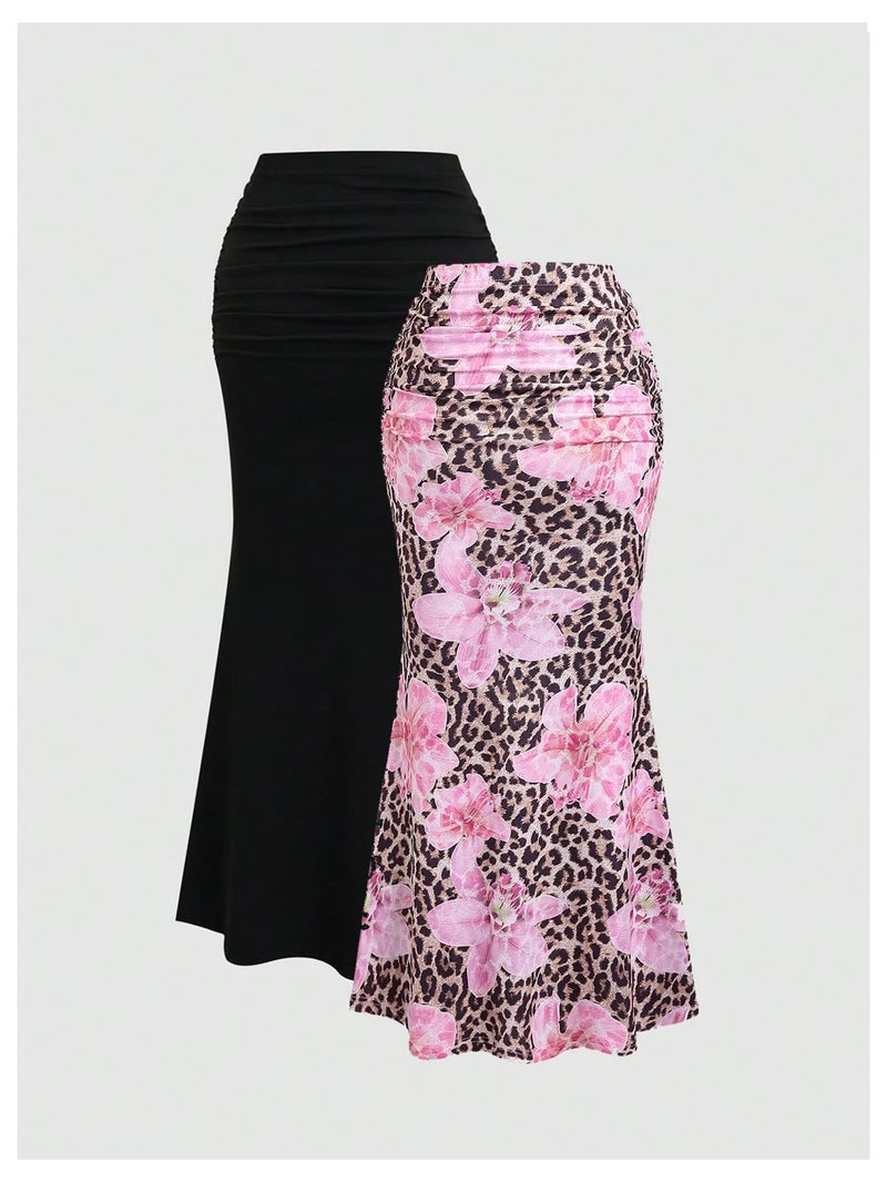 BEAUDRM Women's 2 Pack Fishtail Skirt Elegant Floral Ruched Skinny Bodycon Ruffle Long Skirts Pink and Black Small - Image 2