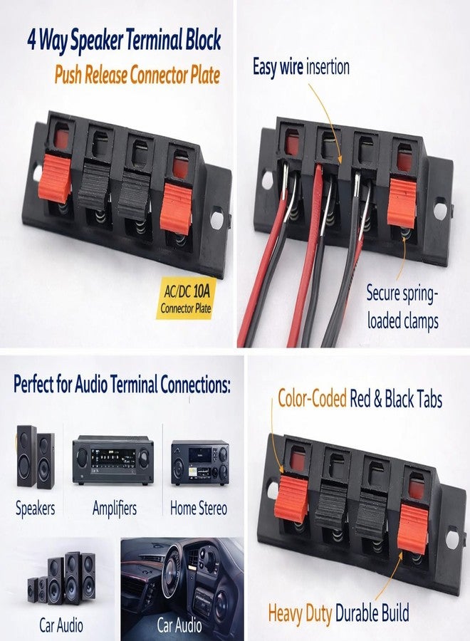 Universal Hub Pack of 5 Speaker Terminal Block Stereo Push Release Connector Plate 4 Way Amplifier Spring Jointing Clamp - Image 2