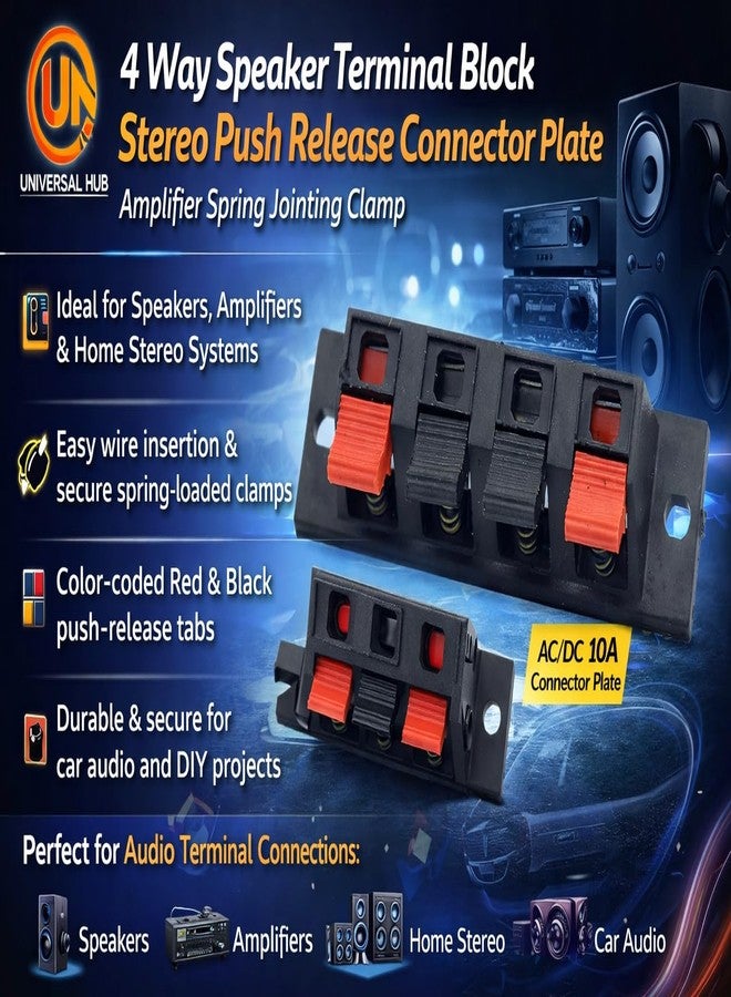 Universal Hub Pack of 5 Speaker Terminal Block Stereo Push Release Connector Plate 4 Way Amplifier Spring Jointing Clamp - Image 3