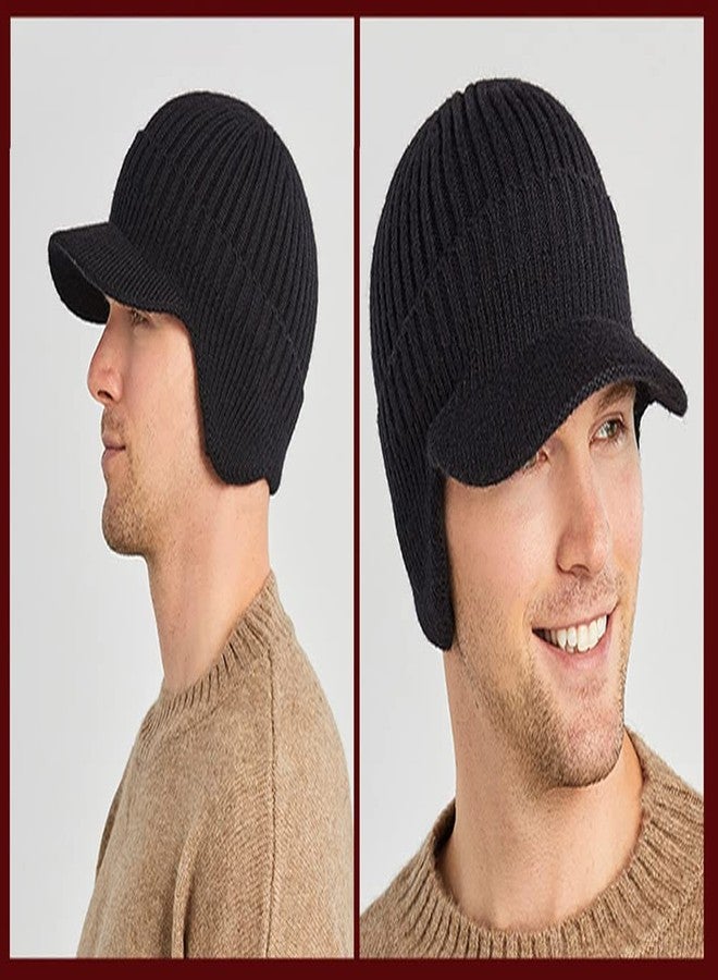 FASHIXD Men Women Winter Beanie with Visor Warm Earflaps Hat Black - Image 3